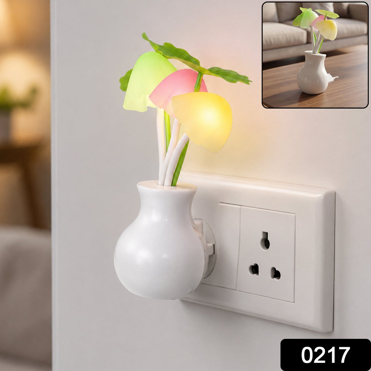 A white vase-shaped night light with glowing pink, yellow, and green mushroom-like lights plugged into a wall outlet, with