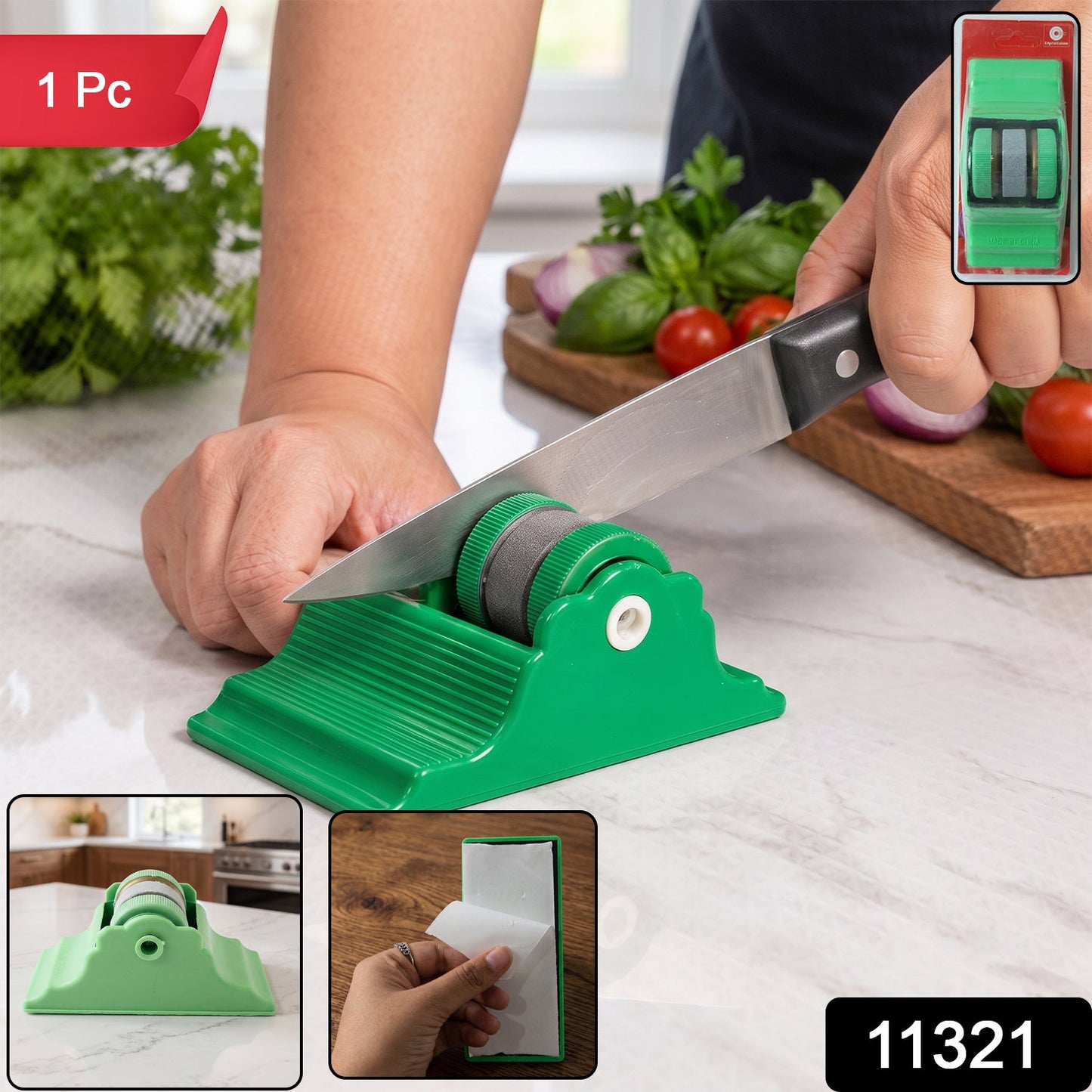 A person sharpens a knife on a green compact sharpener, with an inset showing its adhesive base and top view.