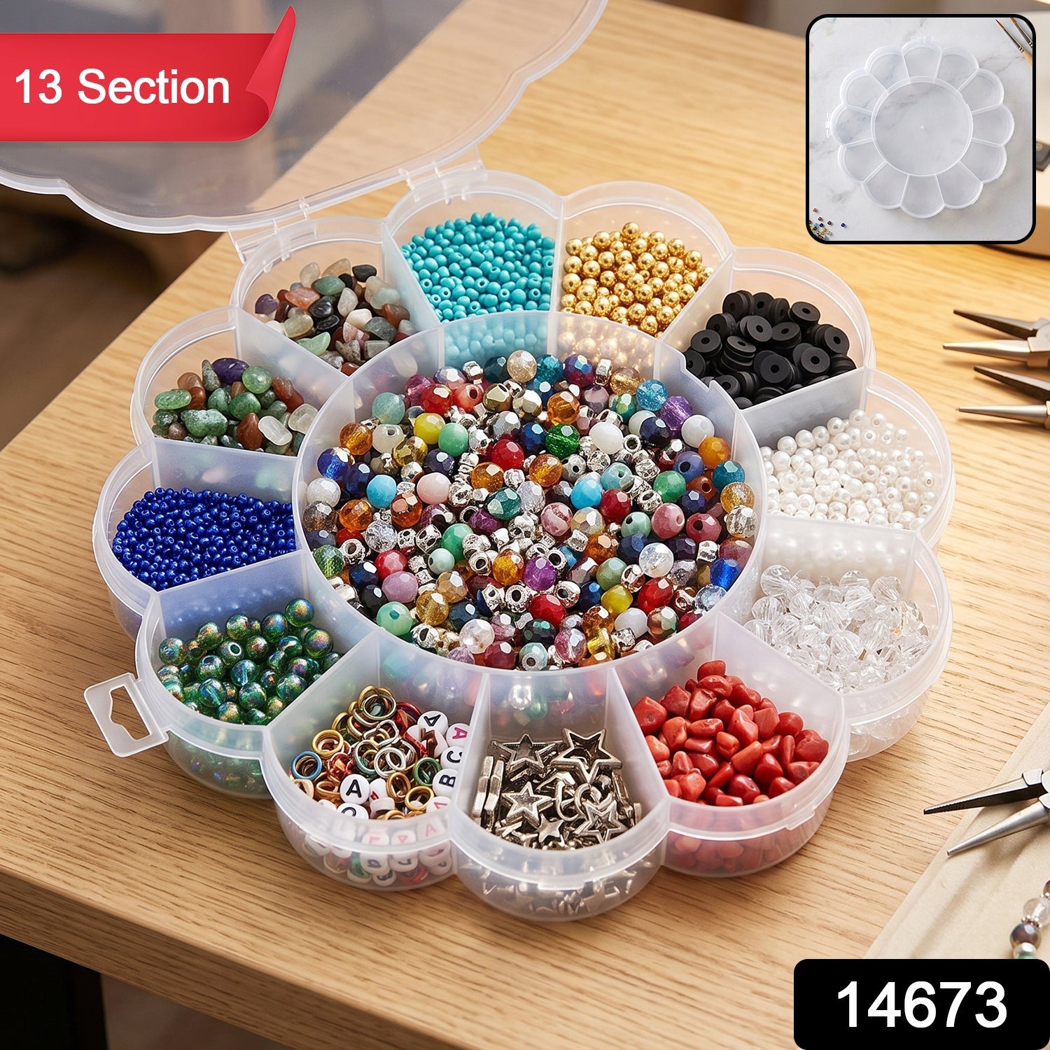 Overhead view of a clear flower-shaped organizer box with 13 compartments filled with various colorful beads and jewelry