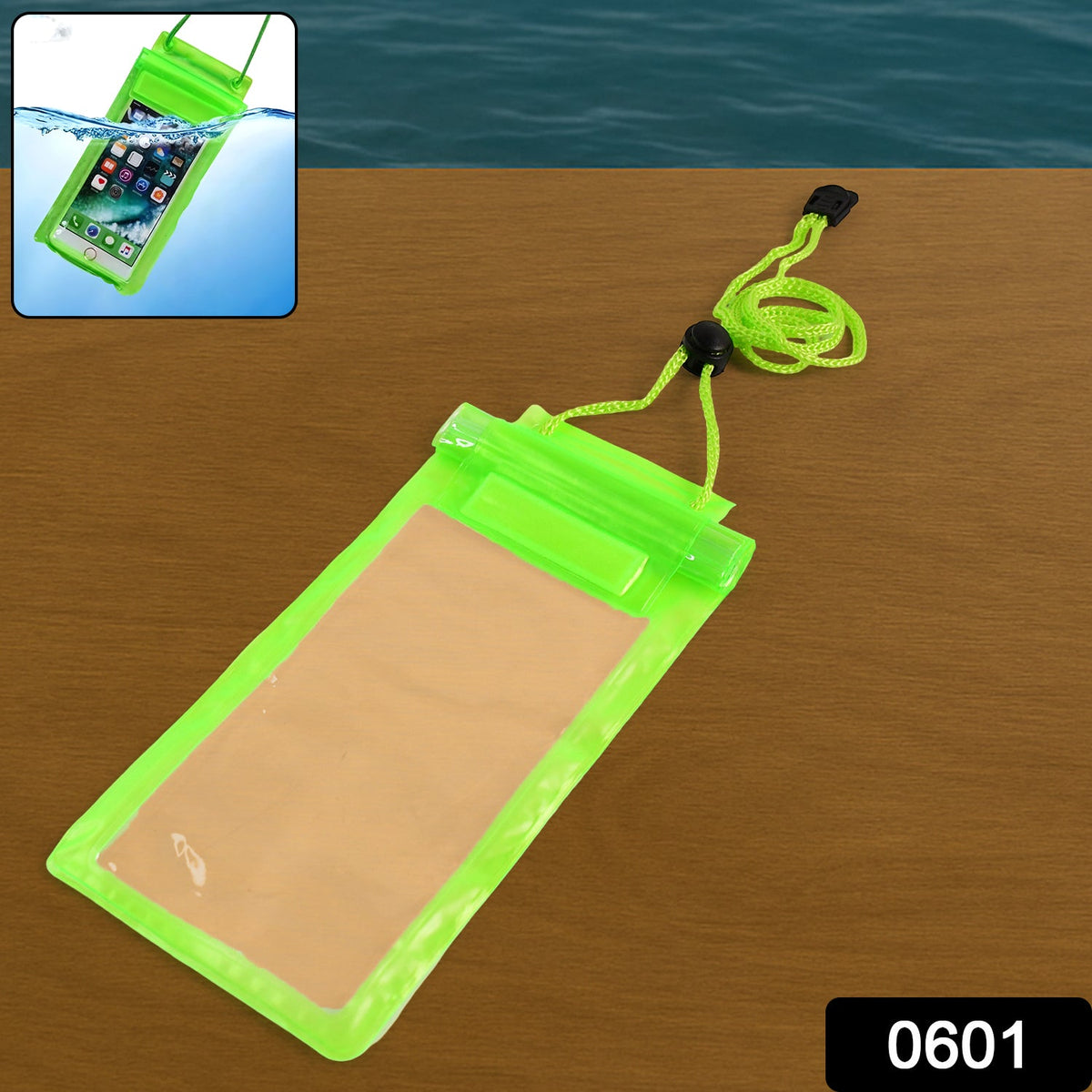A vibrant green waterproof phone cover with a clear front and a matching lanyard is displayed on a brown wooden surface.