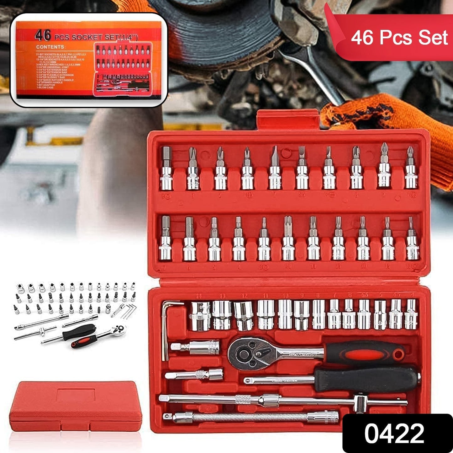 Detailed view of the 46-piece socket set showing various socket sizes and ratchet wrench