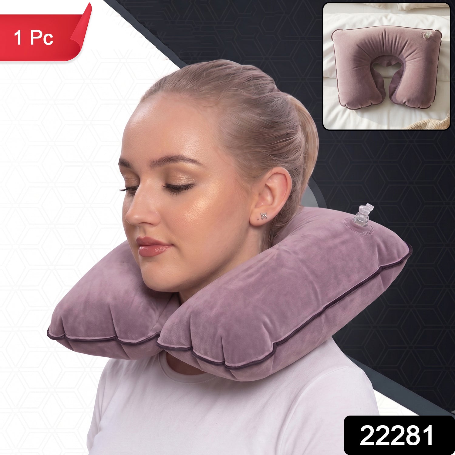 A woman wears an inflated purple velvet U-shape neck pillow with a clear valve visible on the right side.