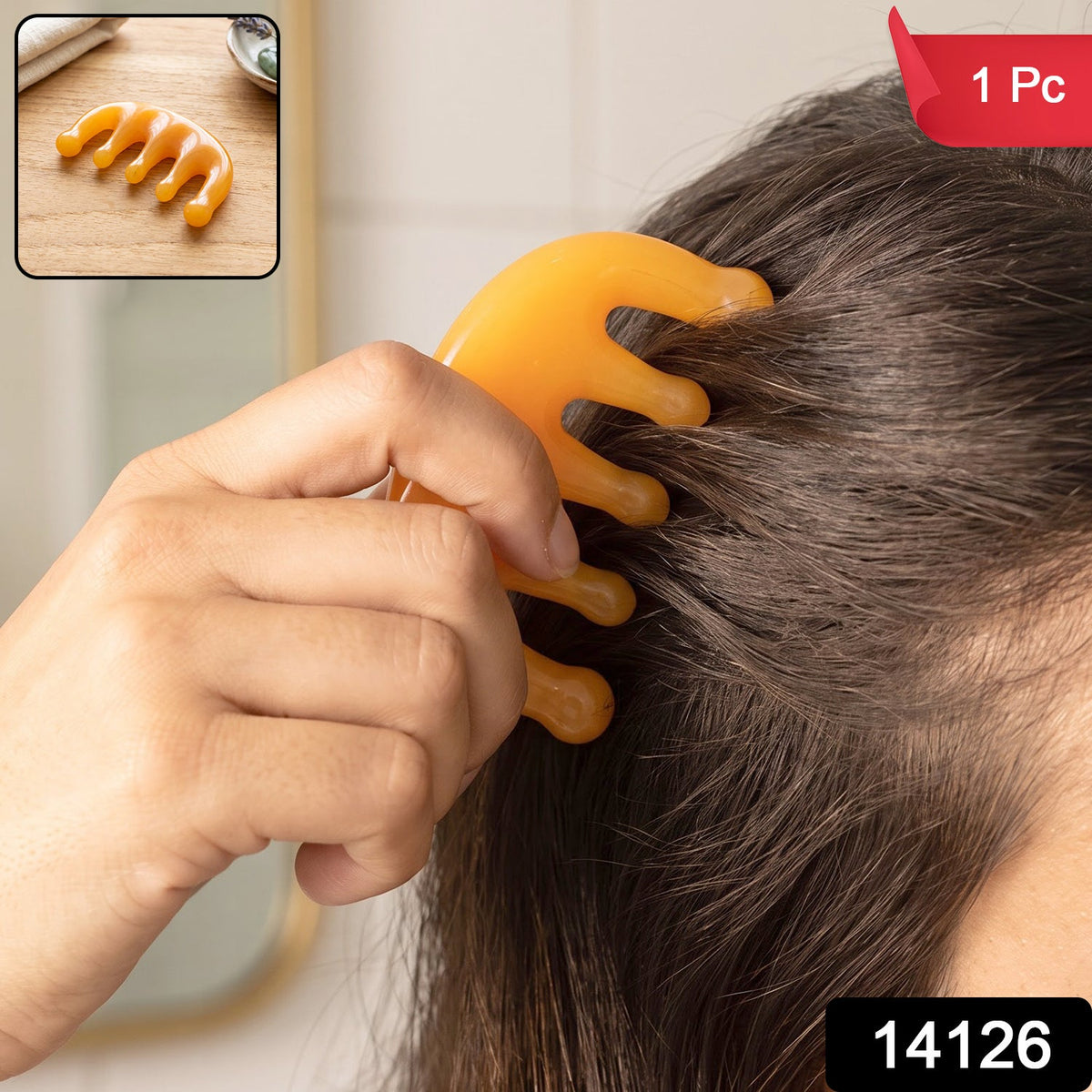 A hand uses the orange scalp massager comb on dark hair, with a red "1 Pc" label and a black "14126" label.