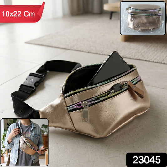 Adjustable strap waist bag showing multiple compartments