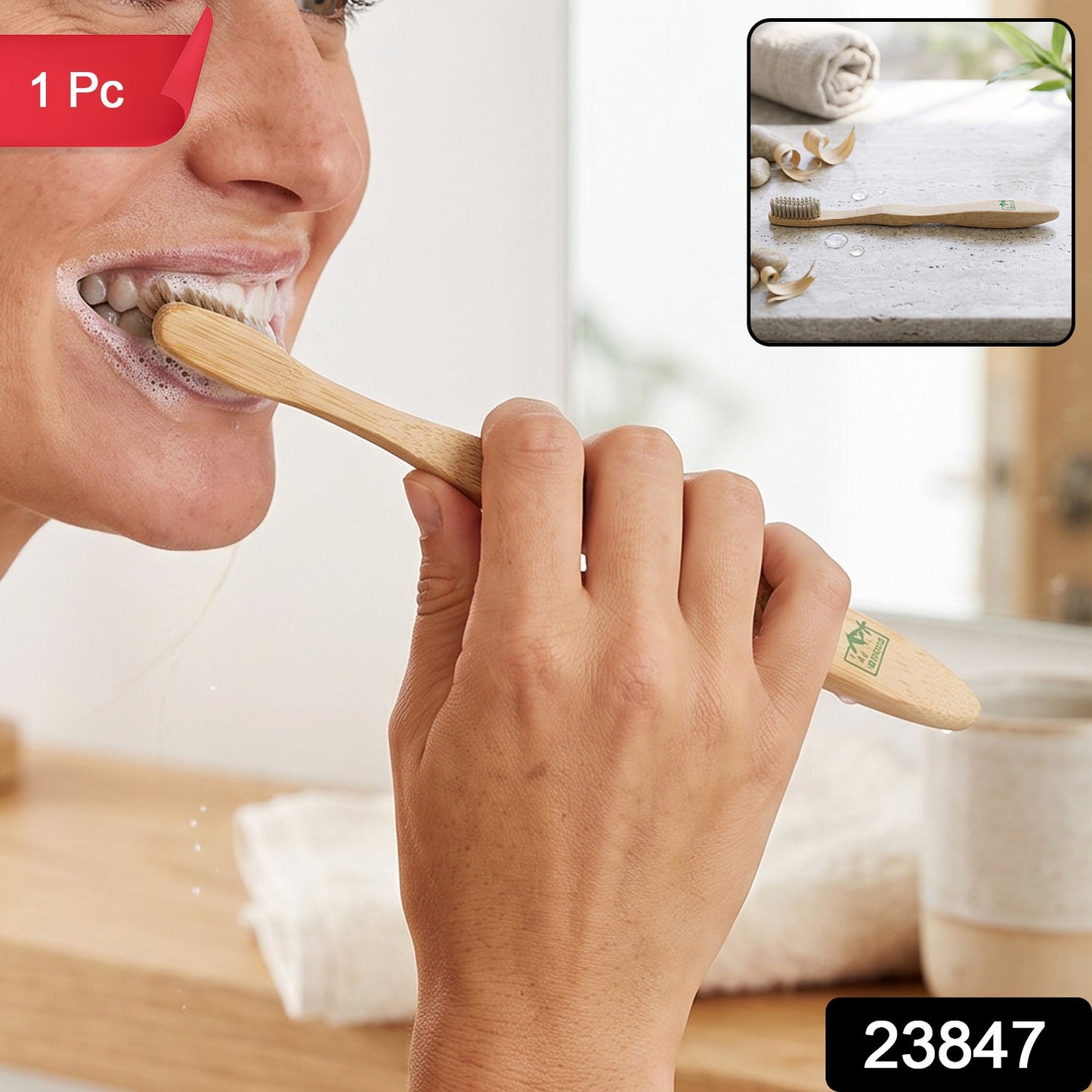 A woman brushes her teeth with a bamboo toothbrush, with a red "1 Pc" label and a black "23847" label.