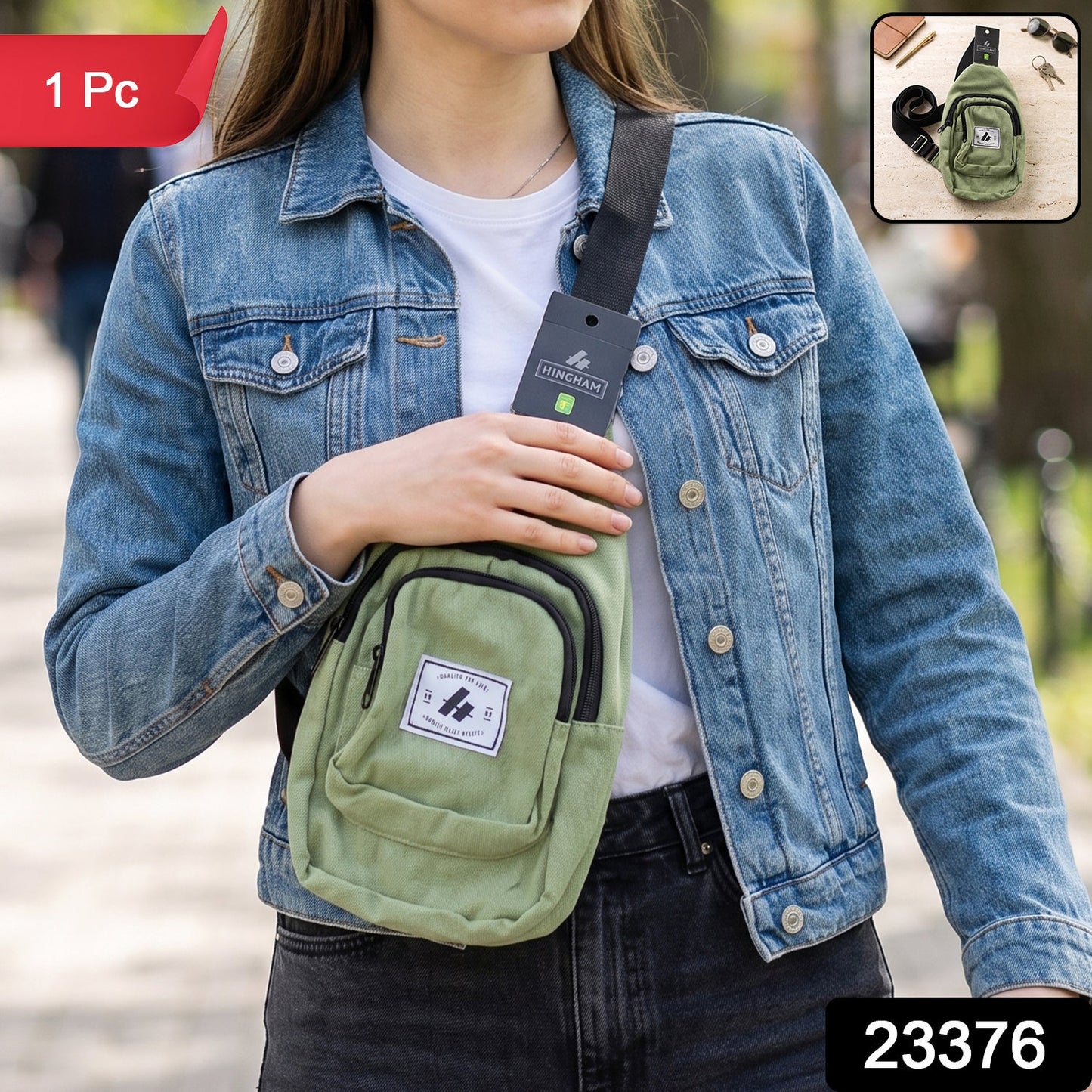 A woman in a denim jacket wears a green canvas sling bag across her chest, with a small inset showing the bag.