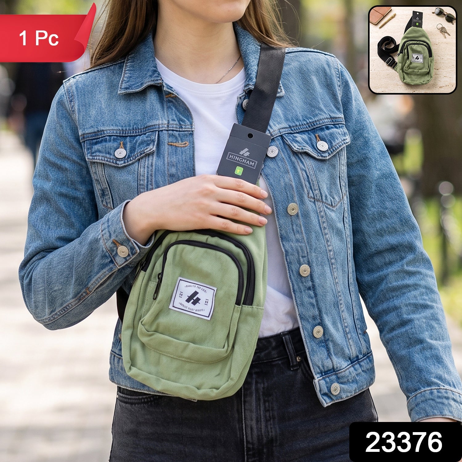 A woman in a denim jacket wears a green canvas sling bag across her chest, with a small inset showing the bag.