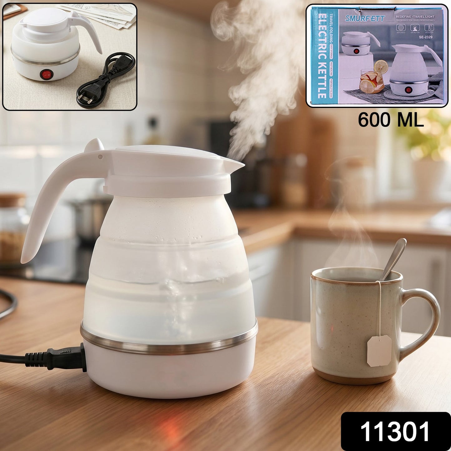 A white collapsible electric kettle with steam rising, next to a mug of tea in a kitchen setting. Insets show the kettle