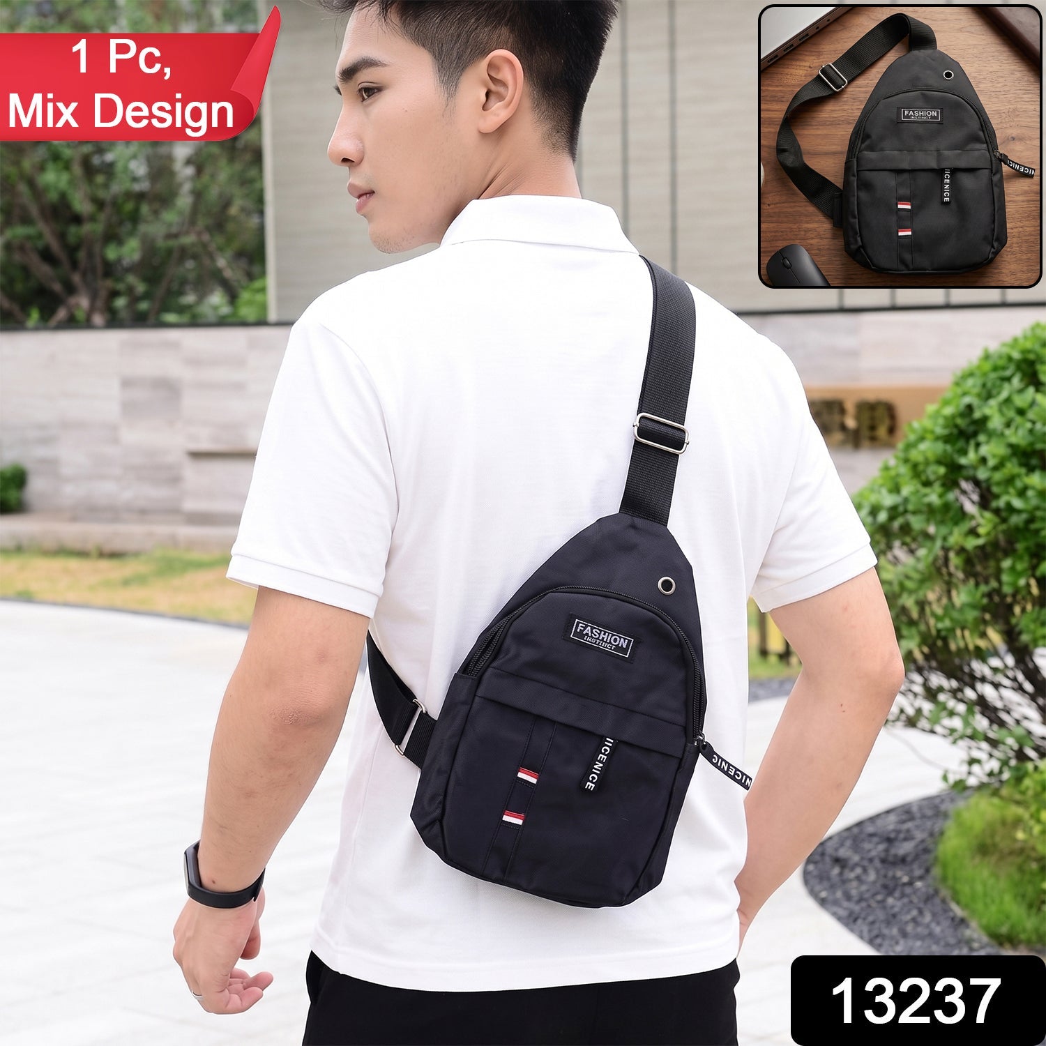 A man wearing a black sling bag, with text overlays '1 Pc, Mix Design' and '13237' and a smaller inset image of the bag.