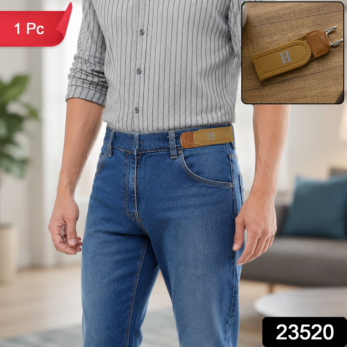 A man in a striped shirt and blue jeans wears a tan buckle-less belt with a silver 'H' on the front, with a red "1 Pc" label