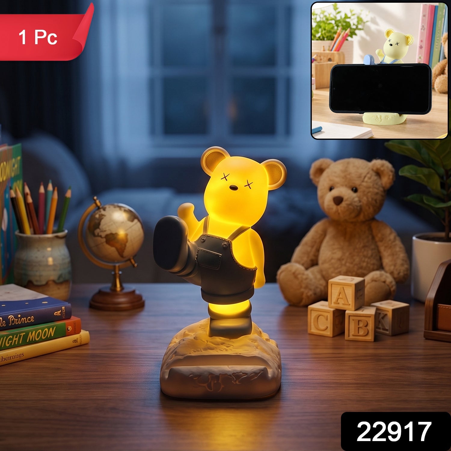 A glowing yellow bear night light and phone stand on a desk, with a small inset showing it holding a phone, and a red "1 Pc"