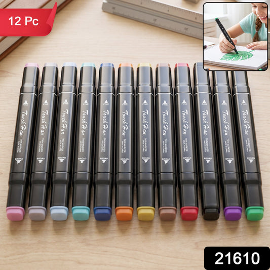 A set of 12 dual-tip alcohol markers in various colors, with a small inset of a child drawing.