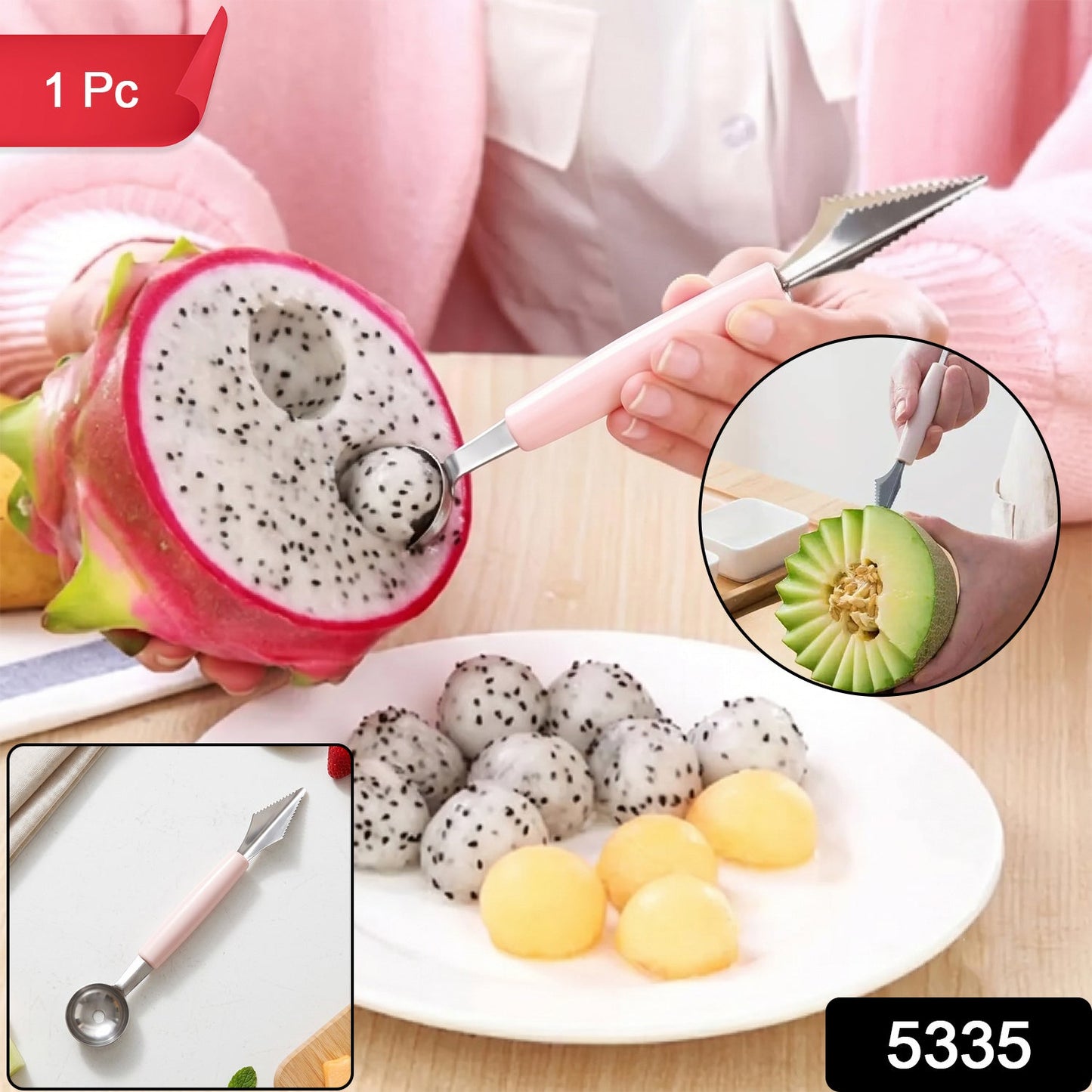 A person uses a pink-handled 2-in-1 tool to scoop dragon fruit balls, with a small inset of carving a melon and text