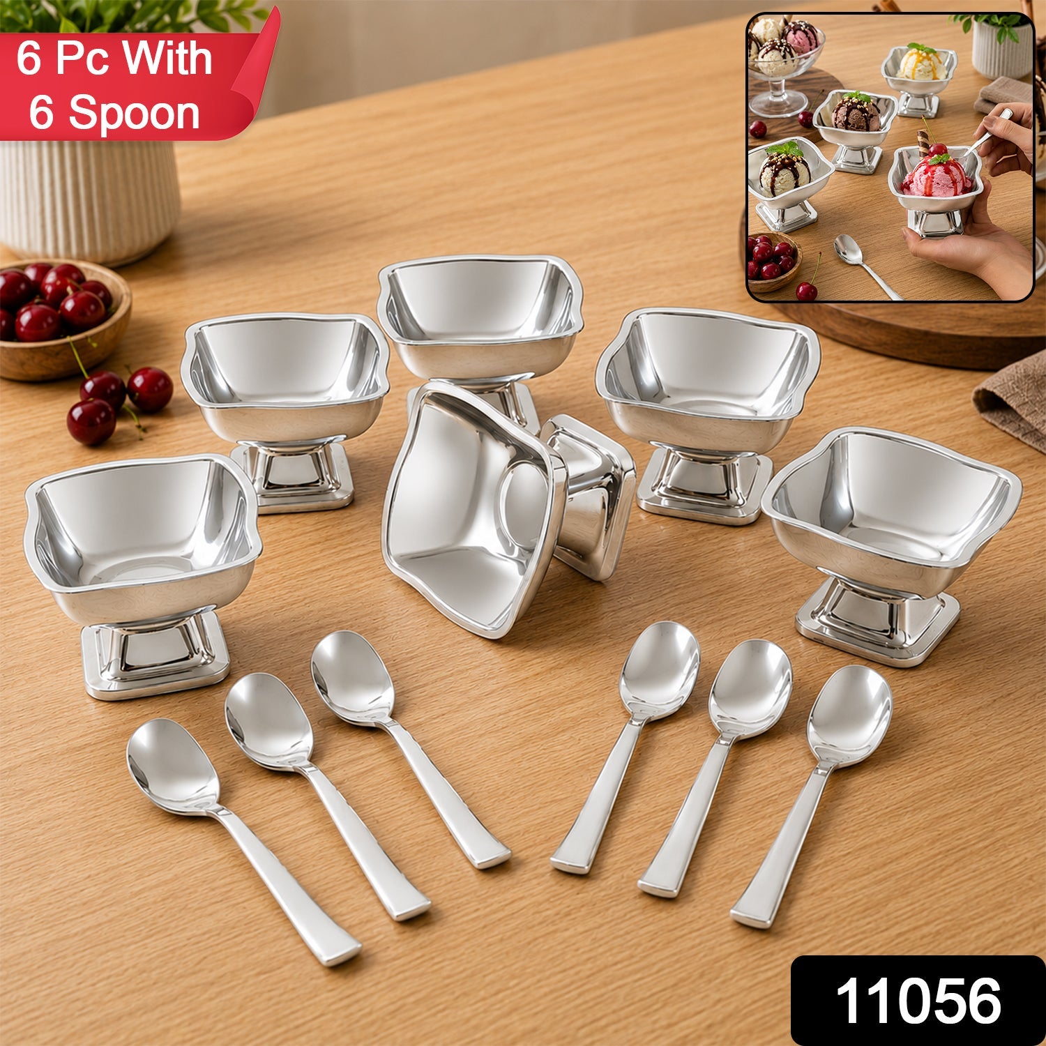 Six empty stainless steel ice cream cups and six spoons on a wooden table, with an inset image of filled cups.