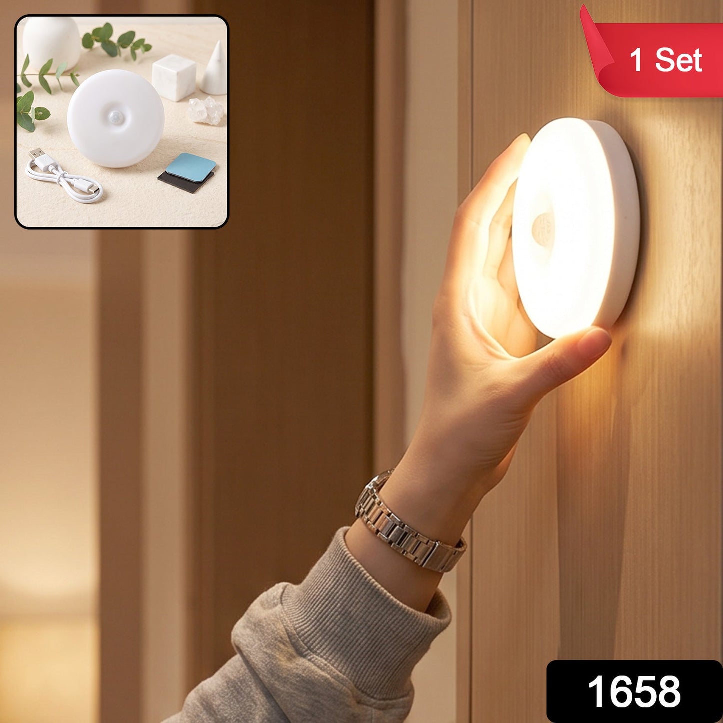 A hand adjusts a glowing white LED night light on a wooden wall, with a small inset showing the full set.