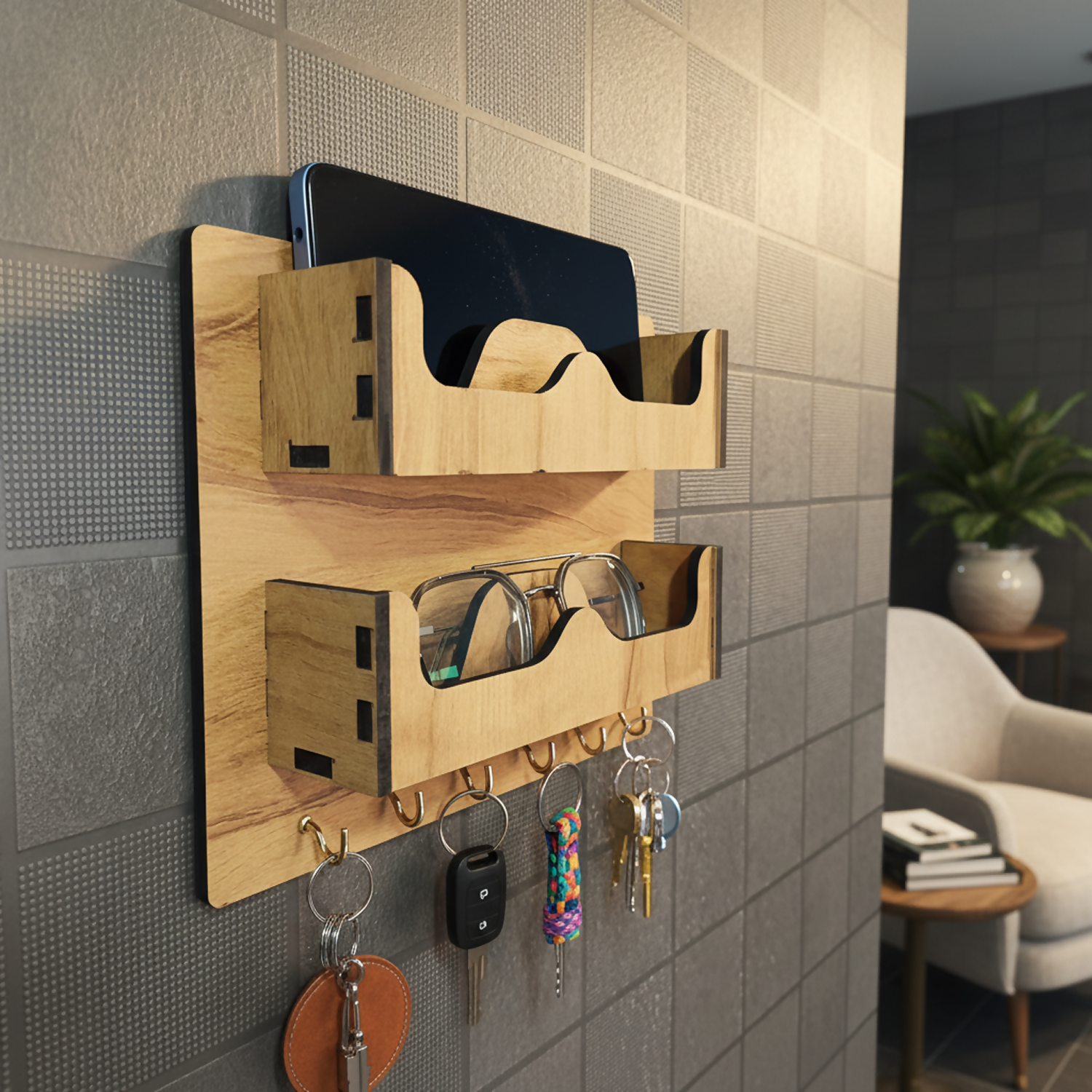 Double Layer Wooden Wall Mounted Organizer with Glasses Shelf and Key Hooks