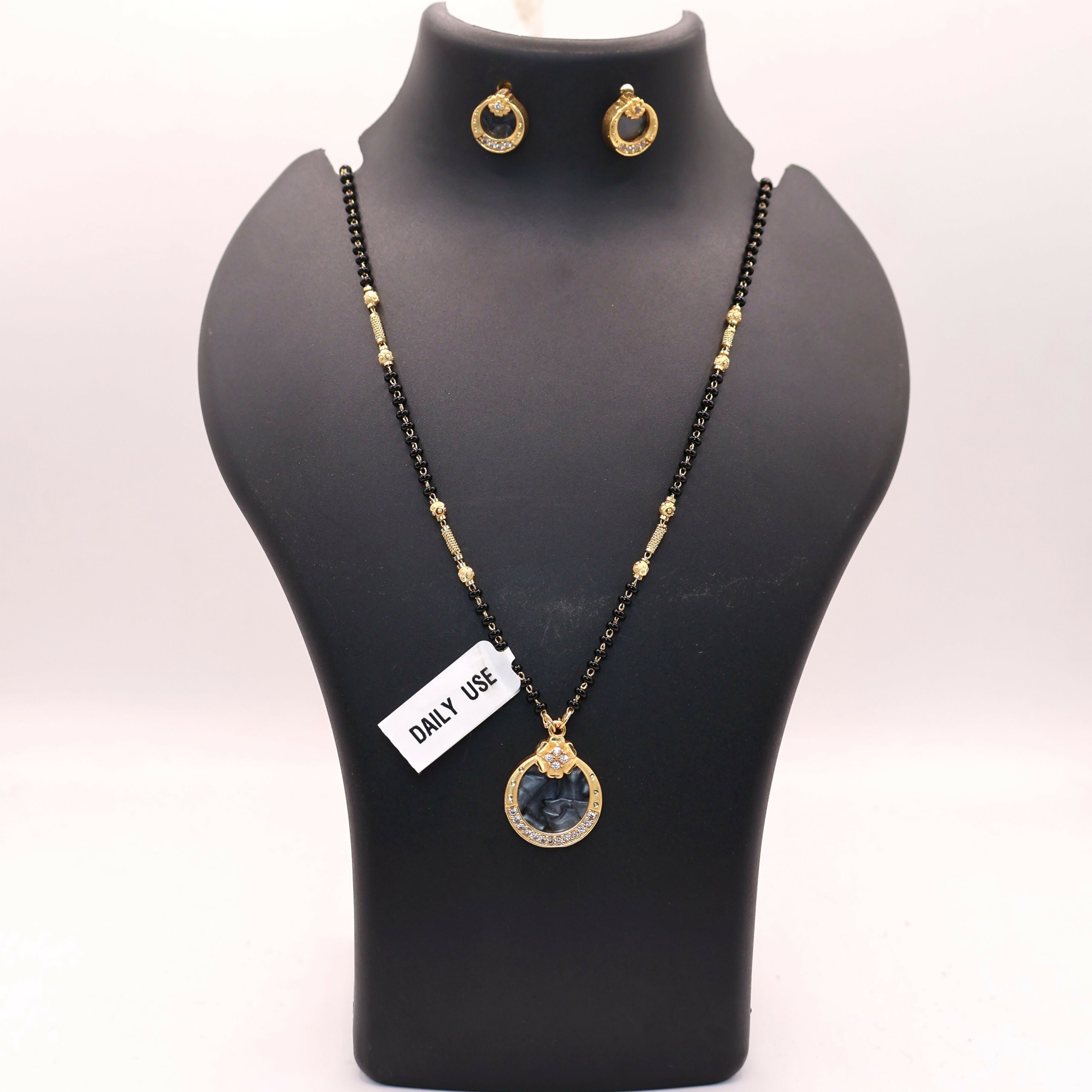 Gold Plated AD Circular Stud Earrings and mangalsutra with Grey Stone for women