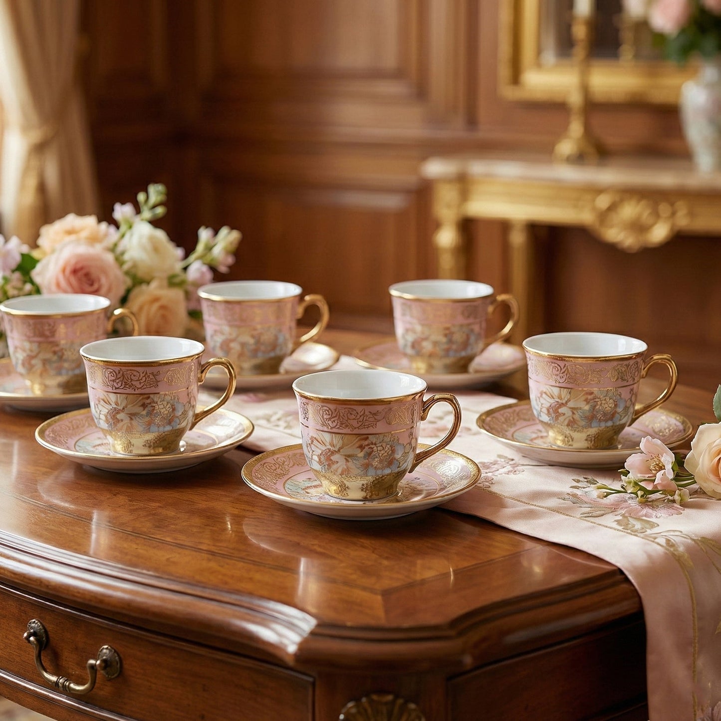 Six pink and gold floral porcelain teacups and saucers on a wooden table with a pink floral runner and a bouquet.