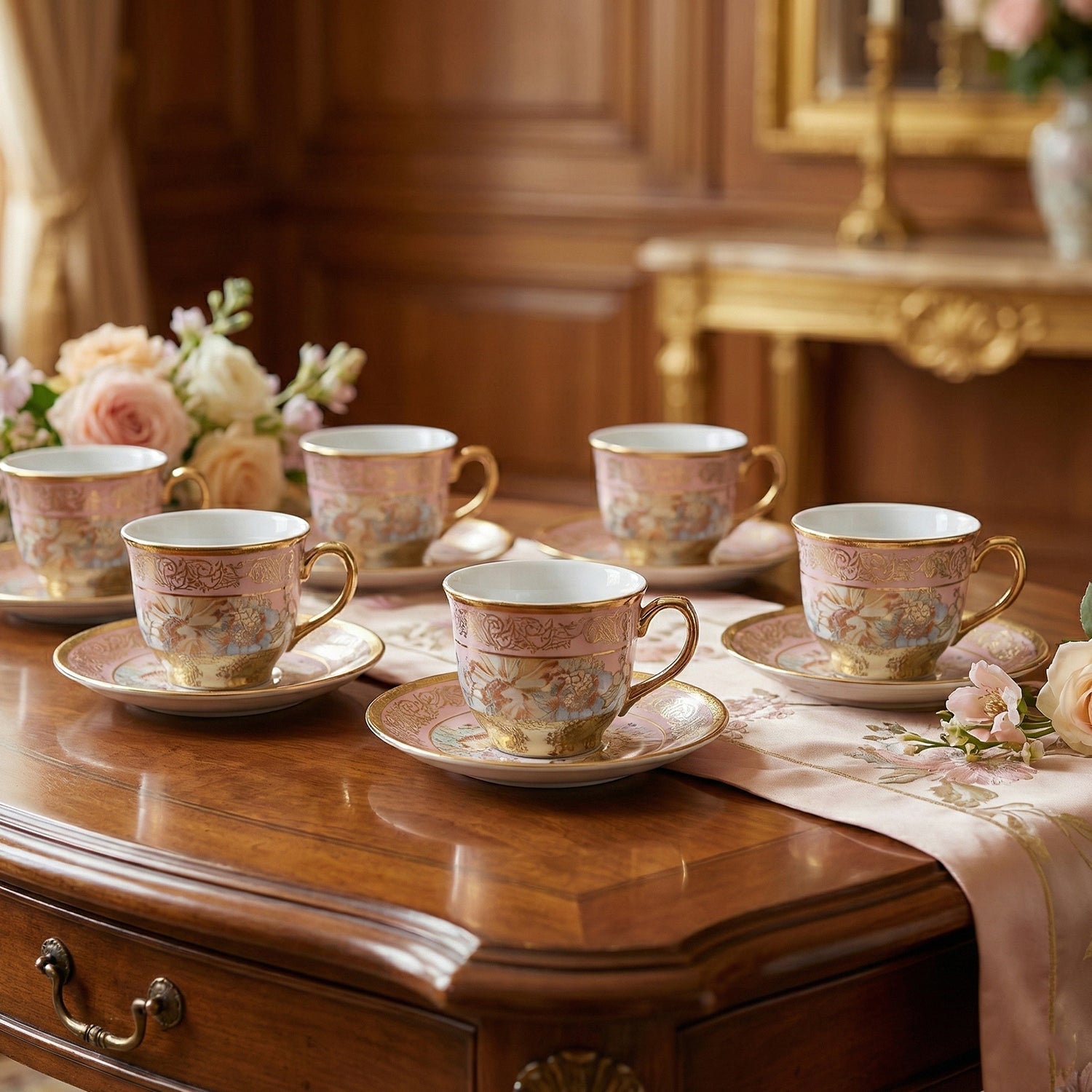 Six pink and gold floral porcelain teacups and saucers on a wooden table with a pink floral runner and a bouquet.