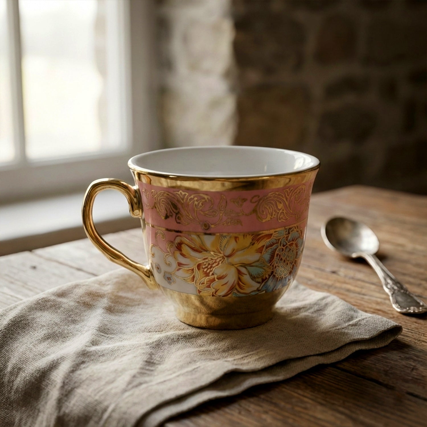 A single pink and gold floral porcelain teacup with a gold handle rests on a beige napkin next to a silver spoon.