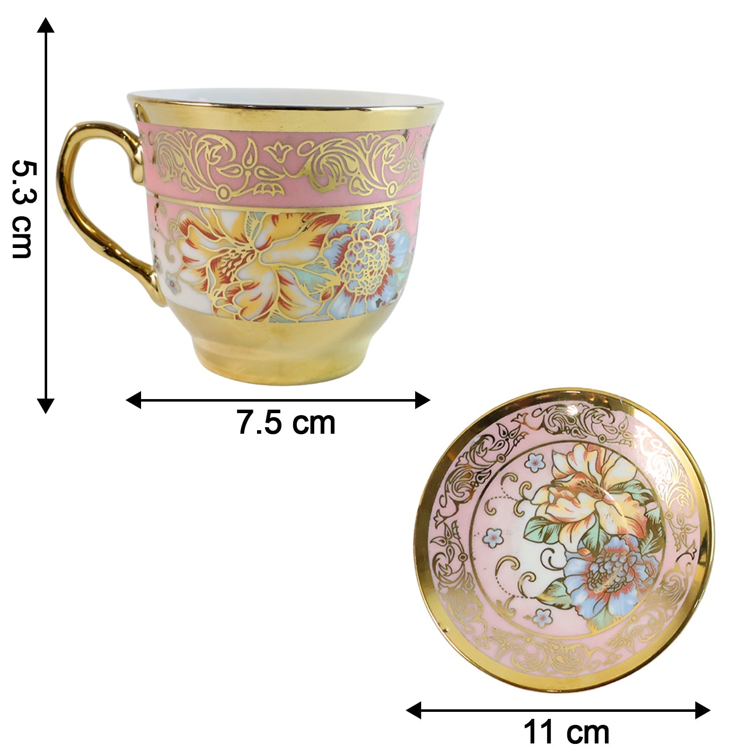 A single pink and gold floral porcelain teacup and saucer with dimensions indicated by arrows.