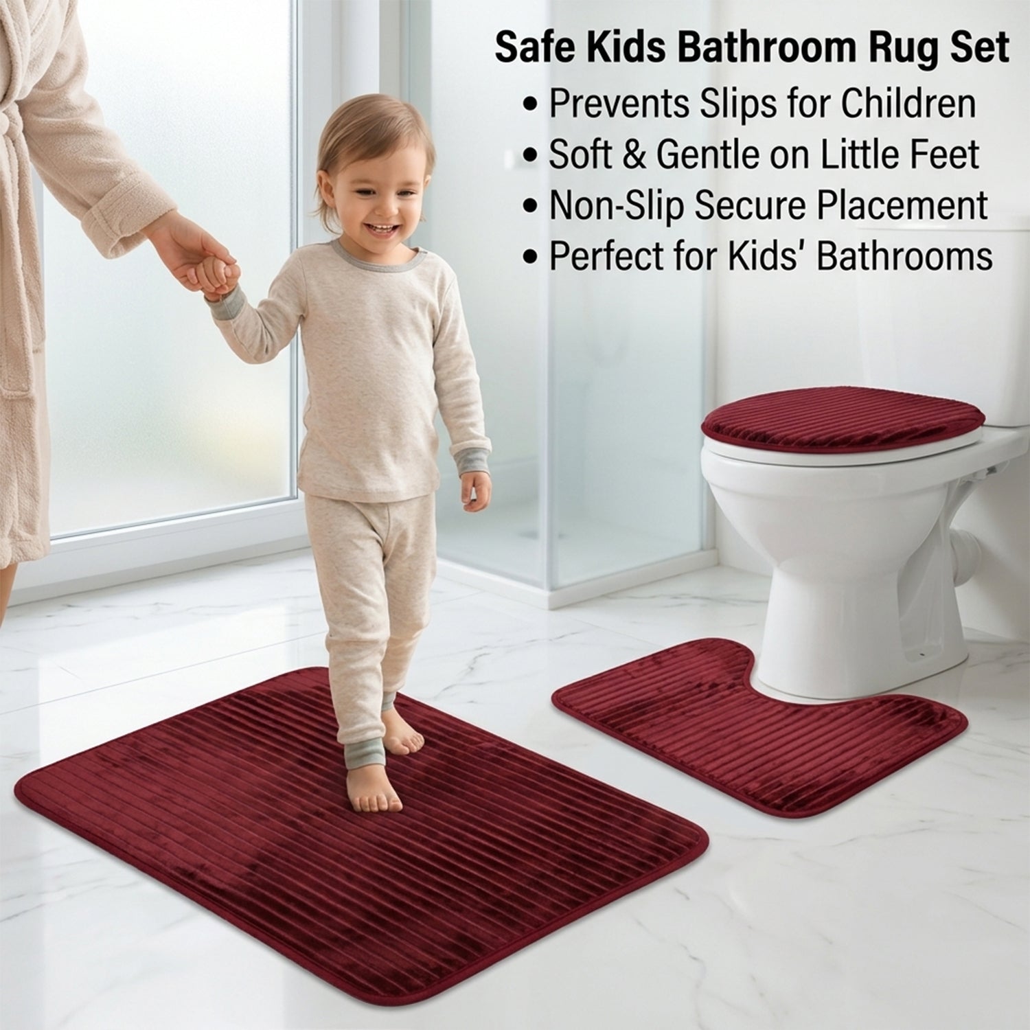 Bathroom mat set laid out around a toilet