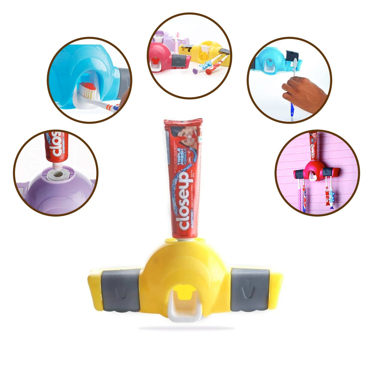 Yellow and gray toothpaste dispenser with a red toothpaste tube, surrounded by circular insets showing different dispenser