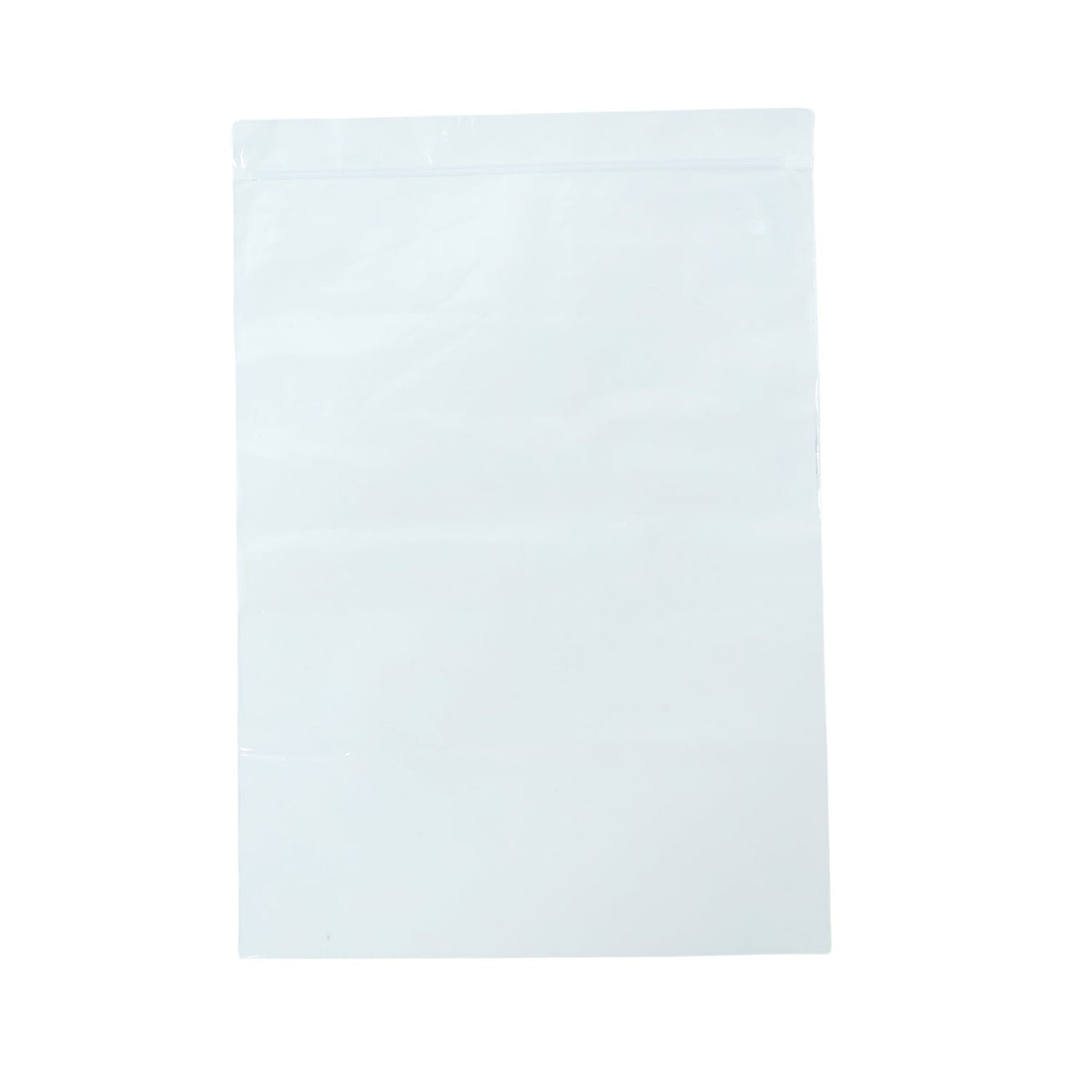 A single clear plastic zip lock bag with a white zip closure is shown flat against a white background.