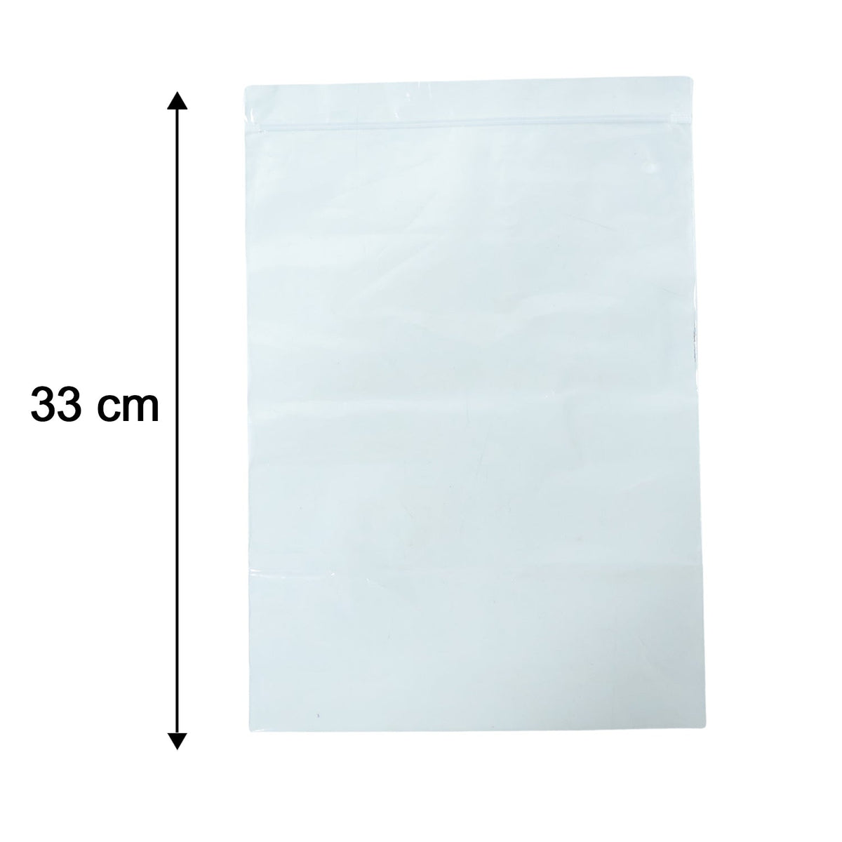 A clear plastic zip lock bag with a white zip closure is shown flat against a white background, with a 33 cm measurement