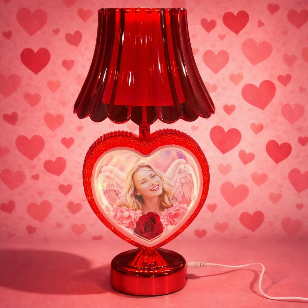 Red Heart Shape Photo Table Lamp with Shade for Bedroom, Side Table & Gift Decor
