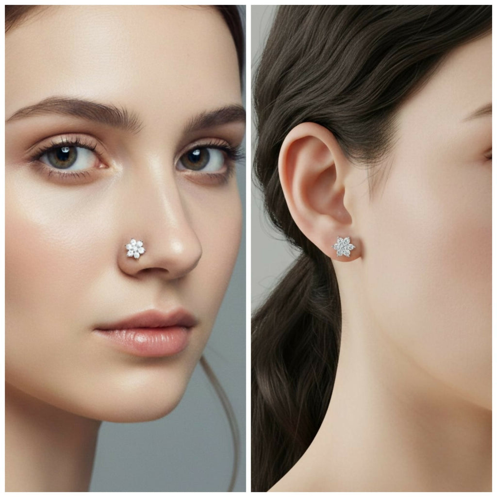 Silver Plated Crystal Flower Flat Back AD Stud Earring Pack of 1 PCS