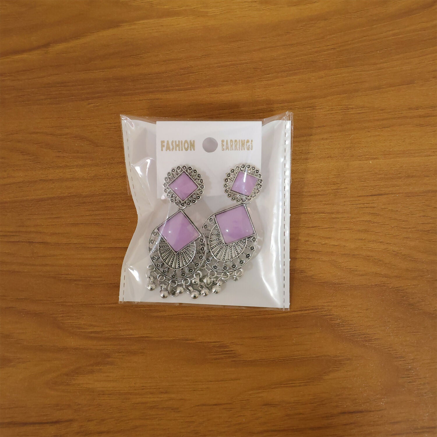 Traditional Indian Oxidized Silver Plated Dangle Earrings with Square Lavender