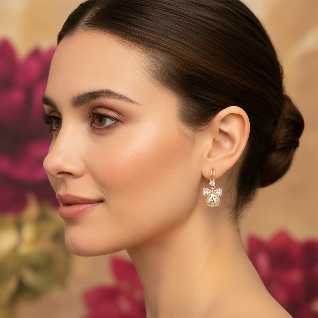 Korean Style Bow Pearl Drop Earrings for Women & Girls