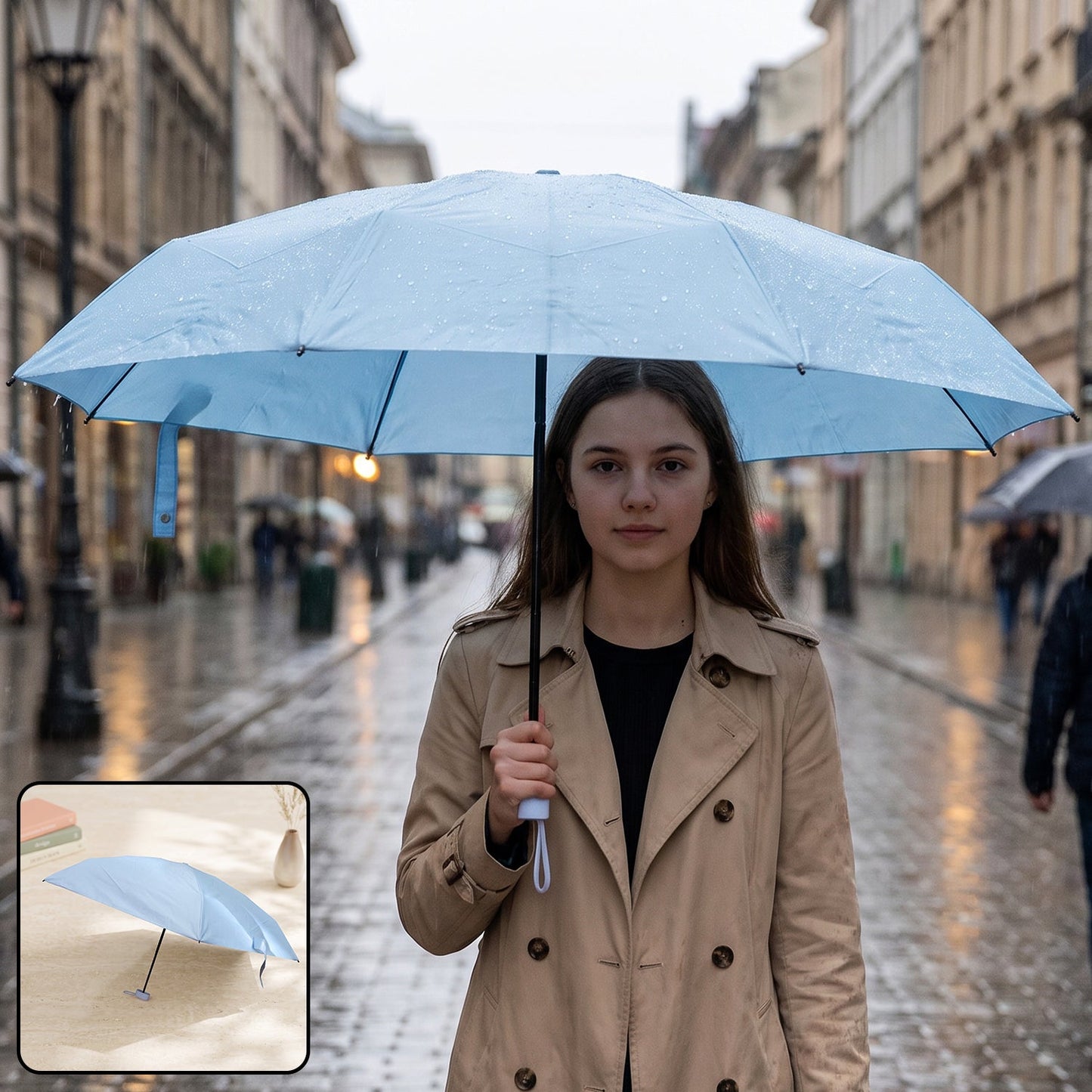 A young woman in a trench coat holds an open light blue umbrella in the rain on a city street.