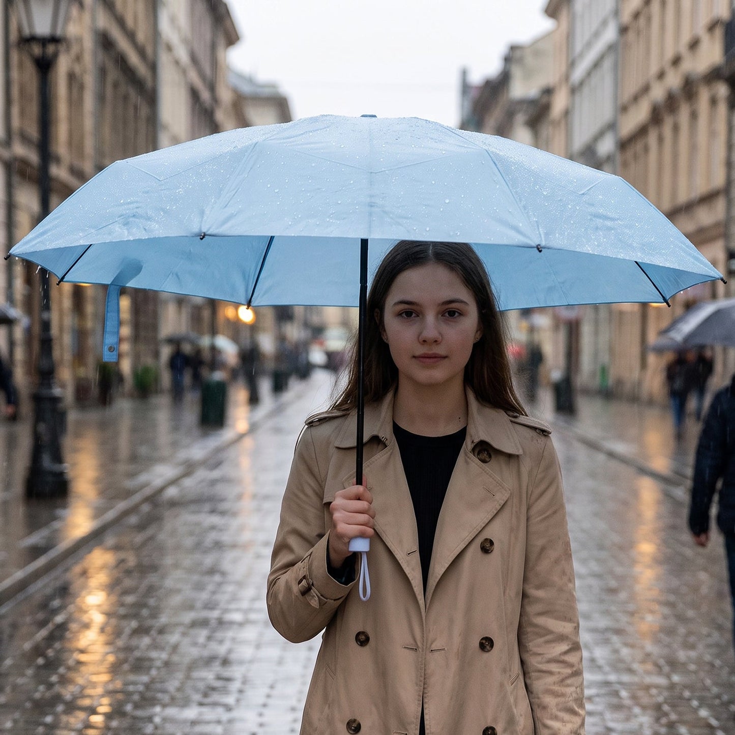 A light blue 3 Fold Travel Umbrella Compact Foldable Sun and Rain Protection (1 Pc) is shown partially open on a white