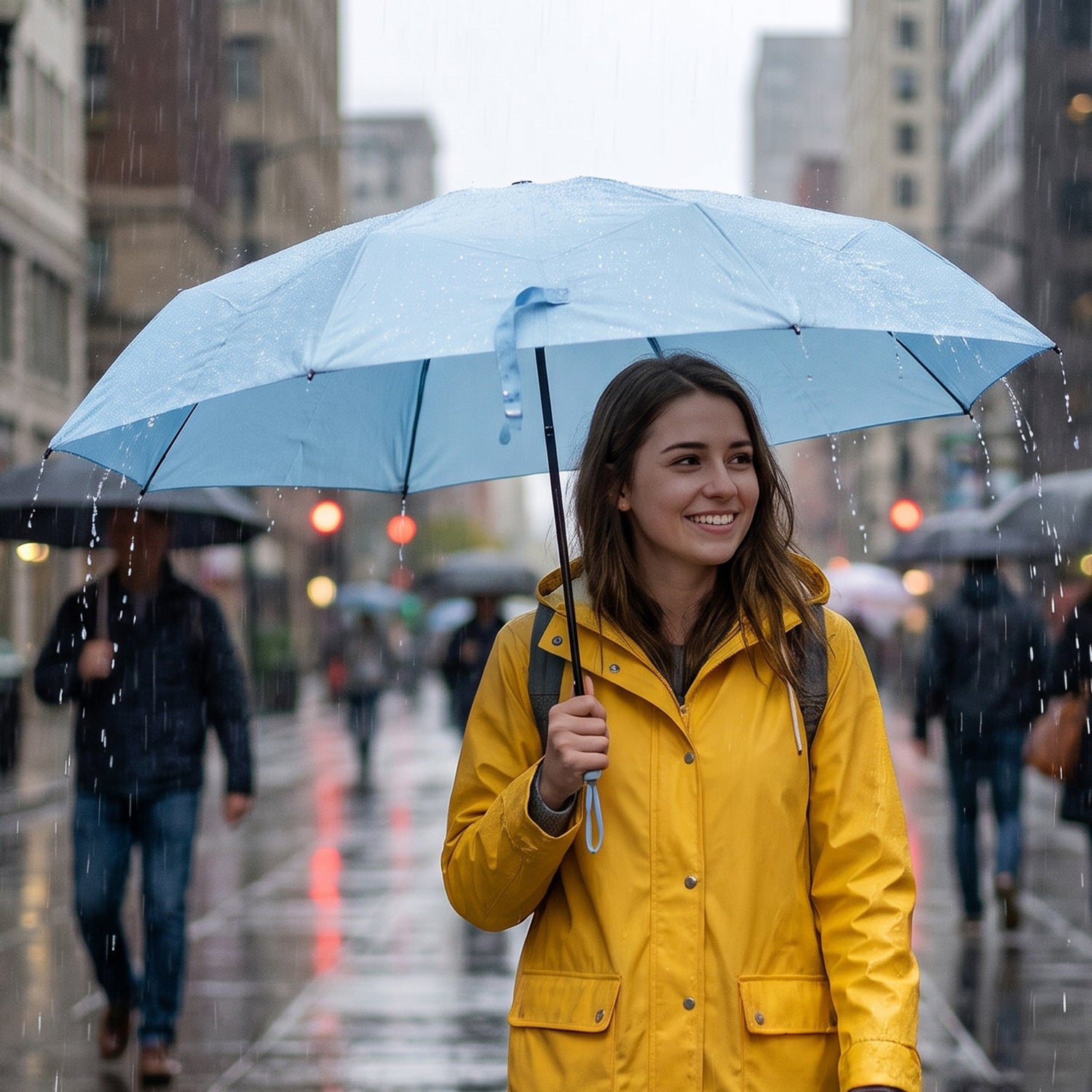 A light blue umbrella is shown folded and secured with a strap, next to its light blue carrying sleeve on a wooden surface.