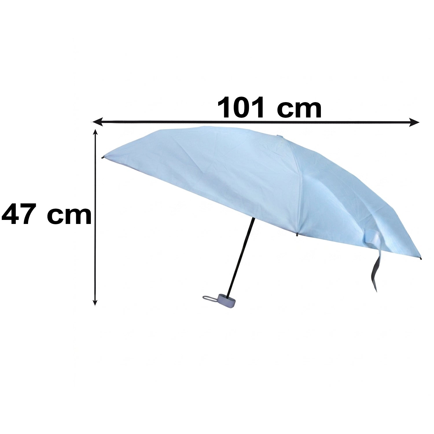 A light blue folded umbrella stands upright on a marble surface with water droplets, in front of a window with a garden view.