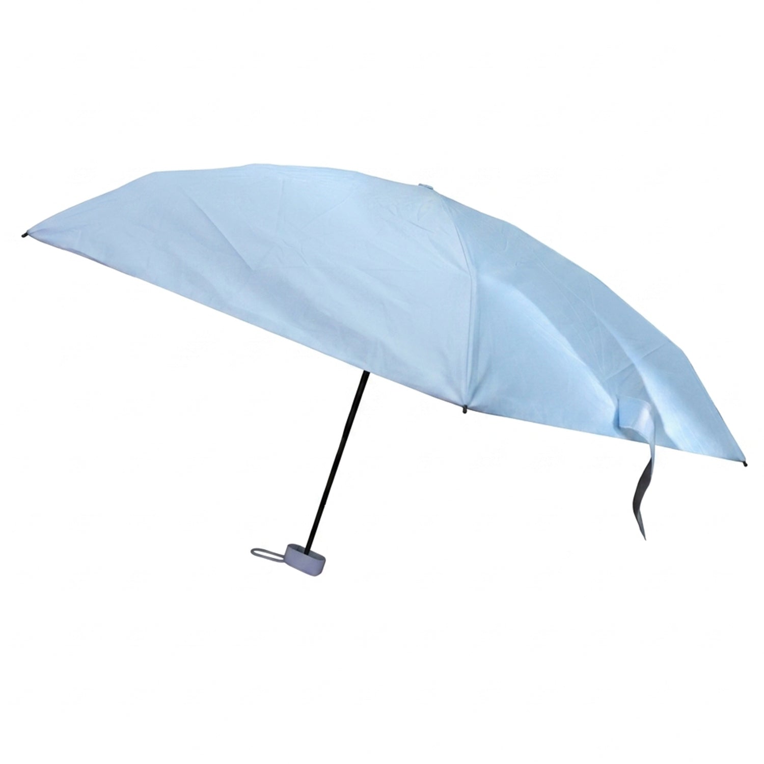 A smiling woman in a yellow raincoat holds an open light blue umbrella with rain falling around her on a city street.