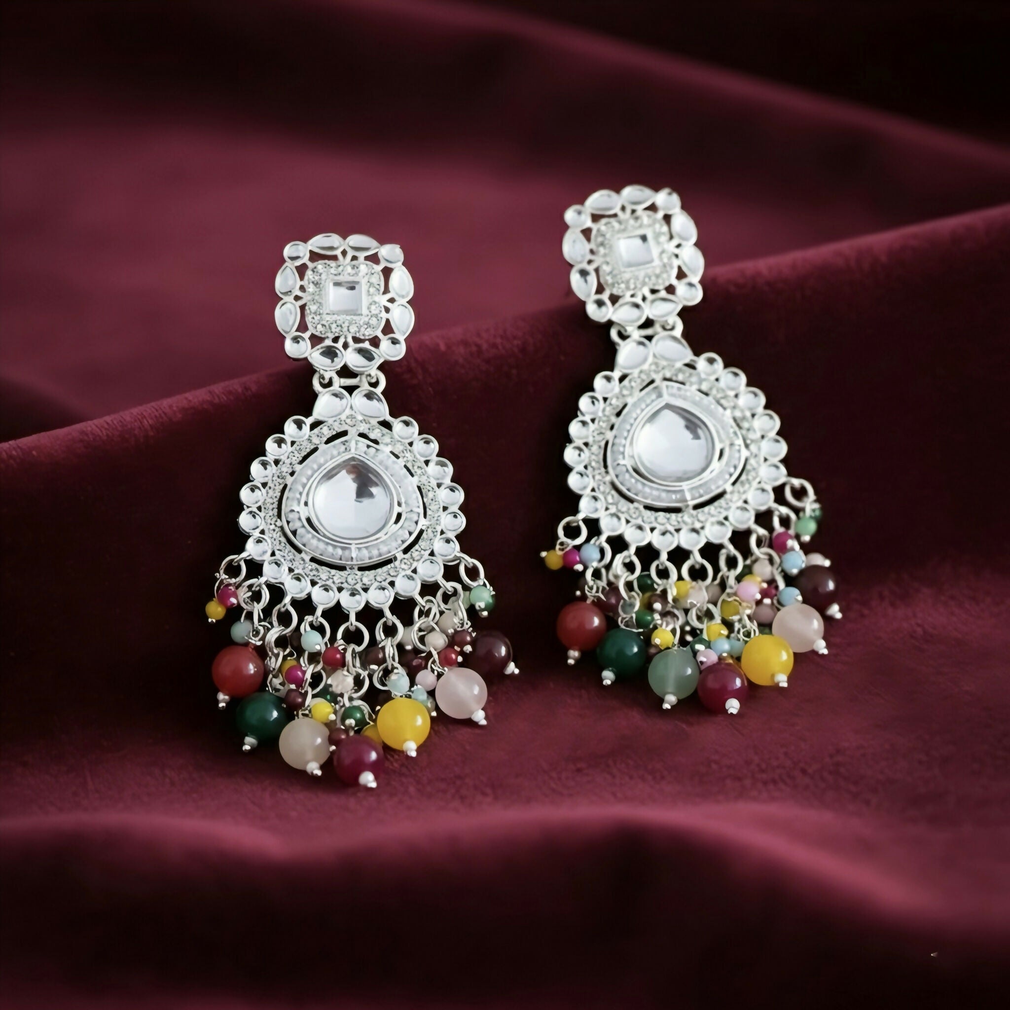 Oxidized Silver Chandbalis with Multi-Color Bead Drops earrings