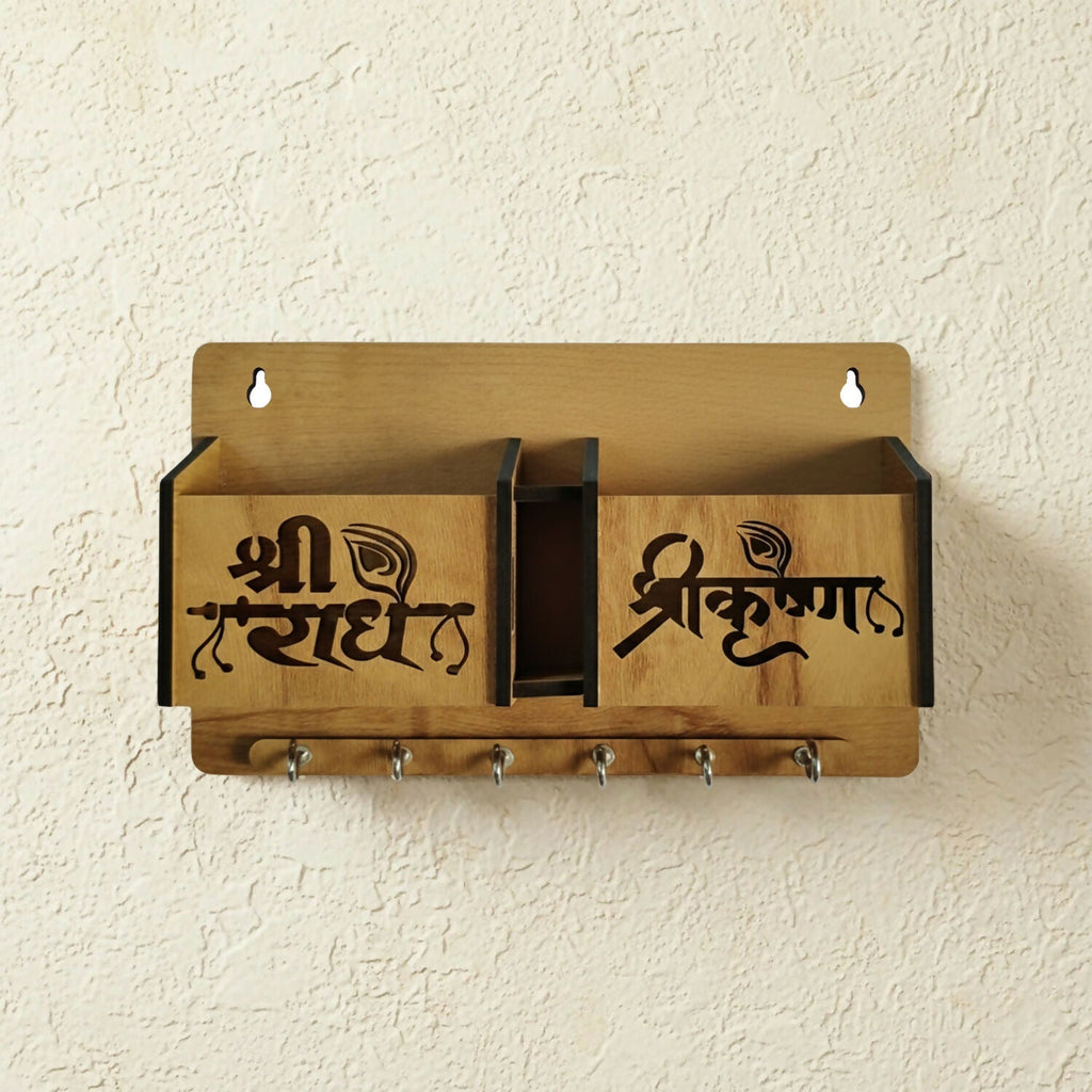 Wooden Wall Mounted Key Holder with Mobile Stand & 6 Hooks