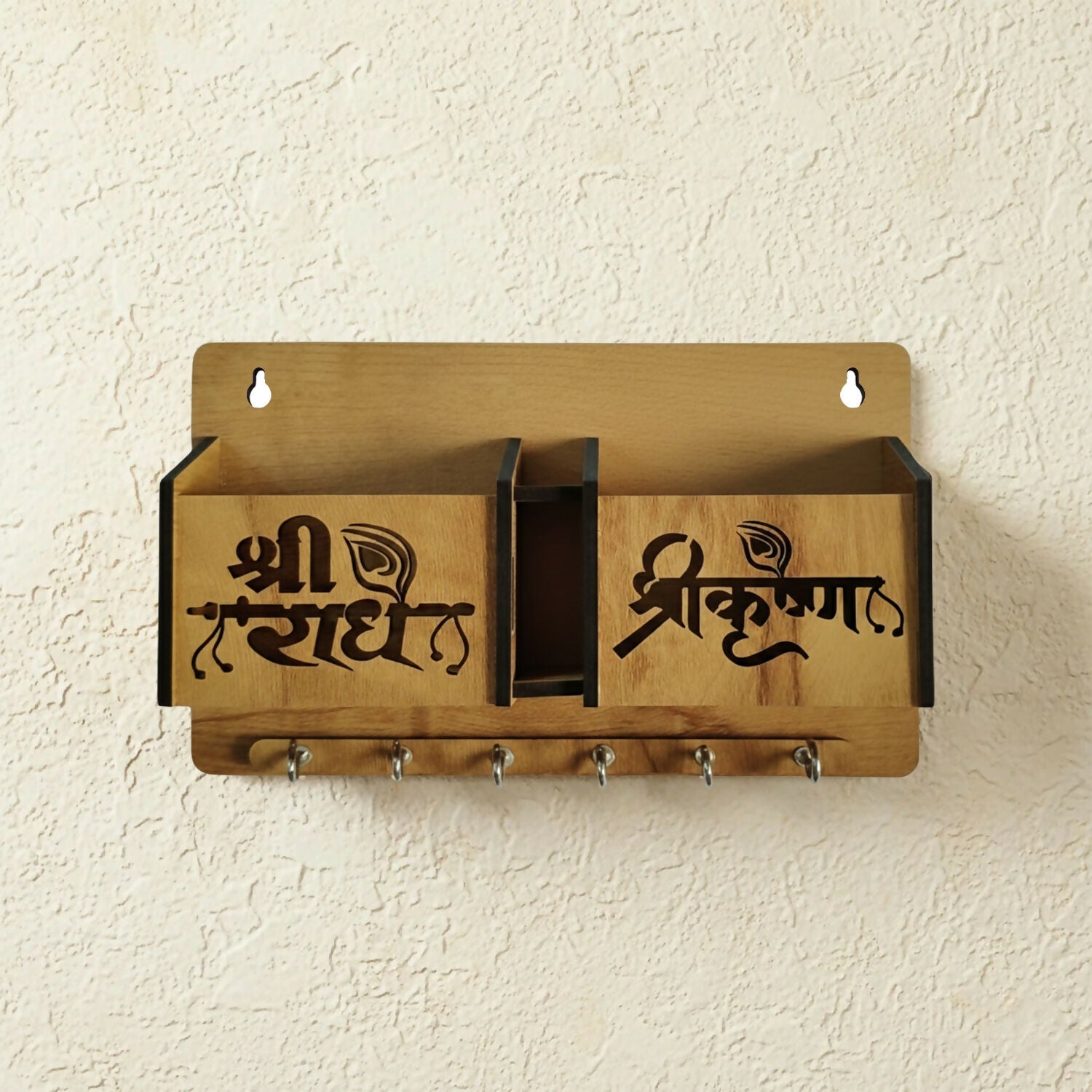 Wooden Wall Mounted Key Holder with Mobile Stand & 6 Hooks