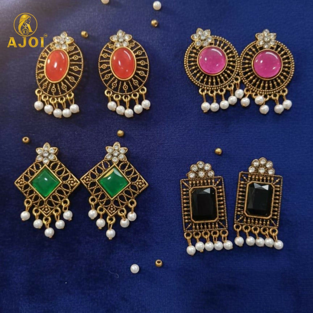 Royal Antique Stone & Pearl Drop Earrings Combo – 4 Designer Pairs
