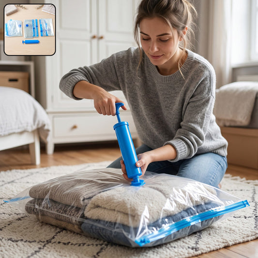 A woman kneels on a rug, using a blue hand pump to compress clothes inside a clear vacuum storage bag.