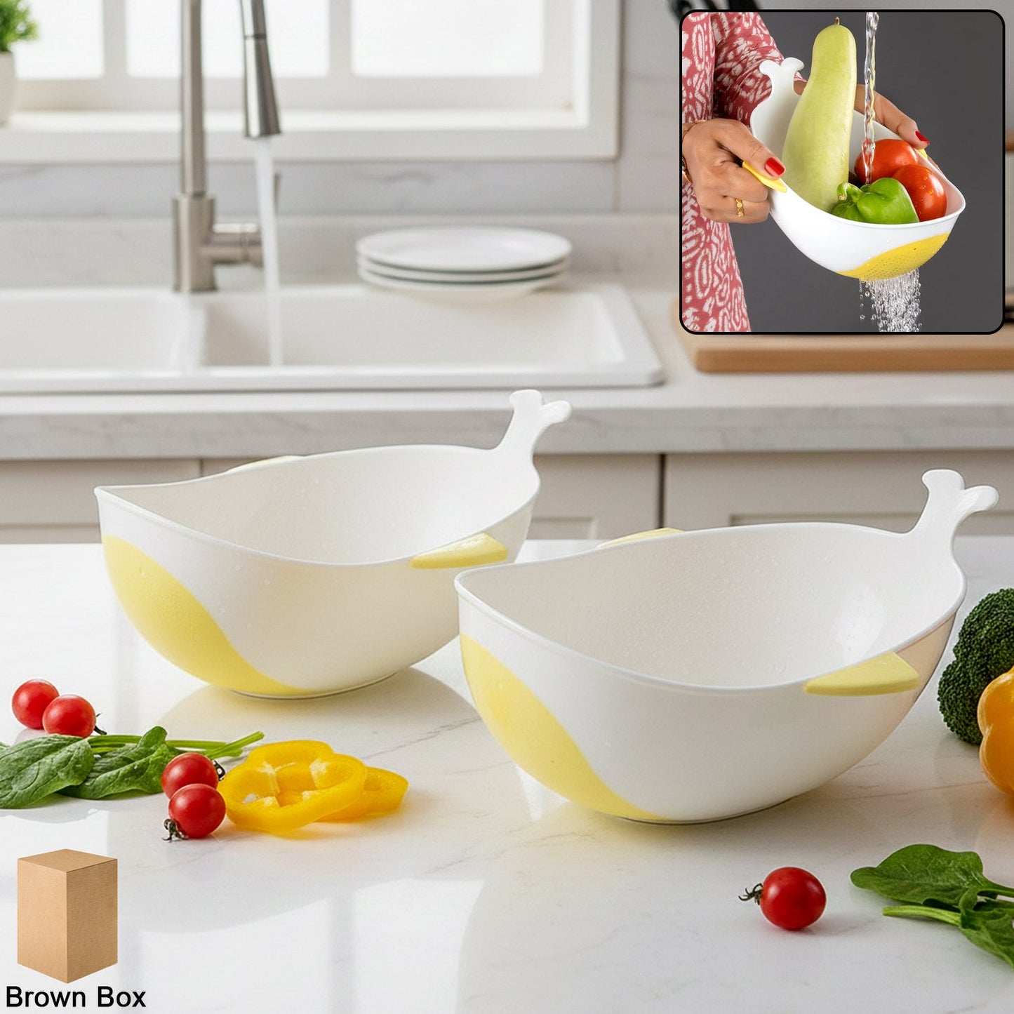 Plastic rice washing bowl and strainer with integrated colander