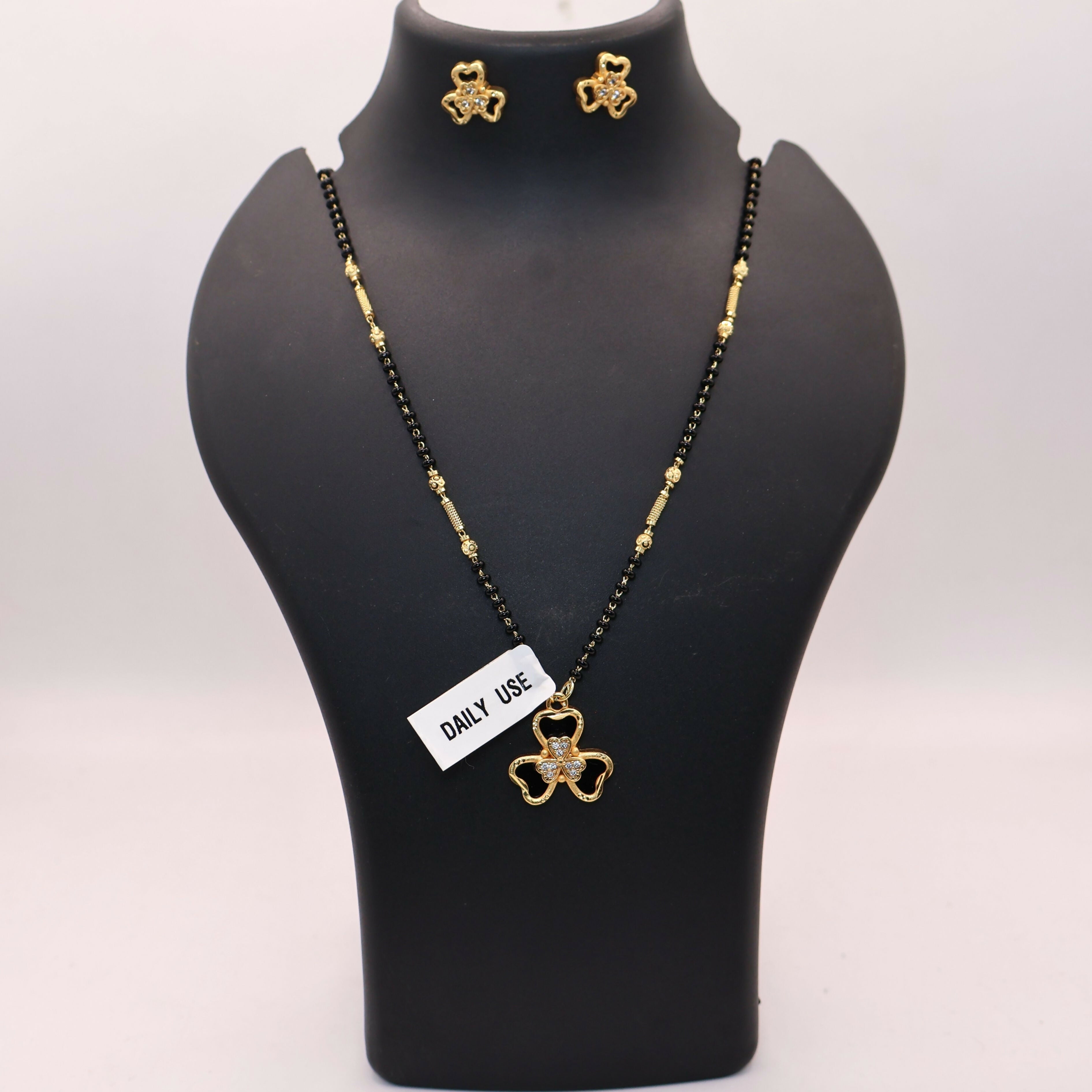 Gold-Plated AD Floral Mangalsutra Set with Clover Stud Earrings for women