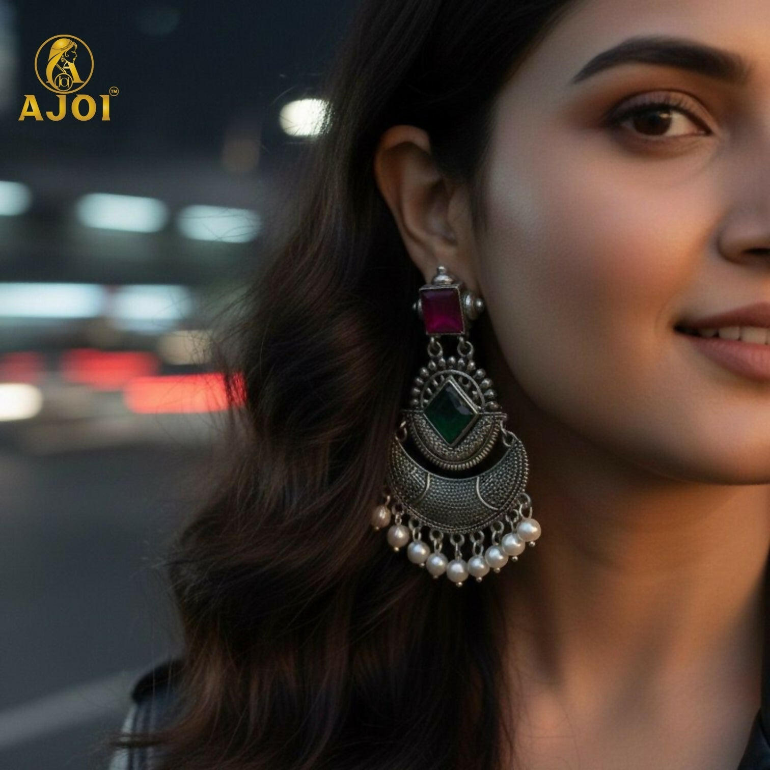 Antique Silver-Finish Chandbali Earrings with Green & Ruby-Tone Stones and Pearl Drops