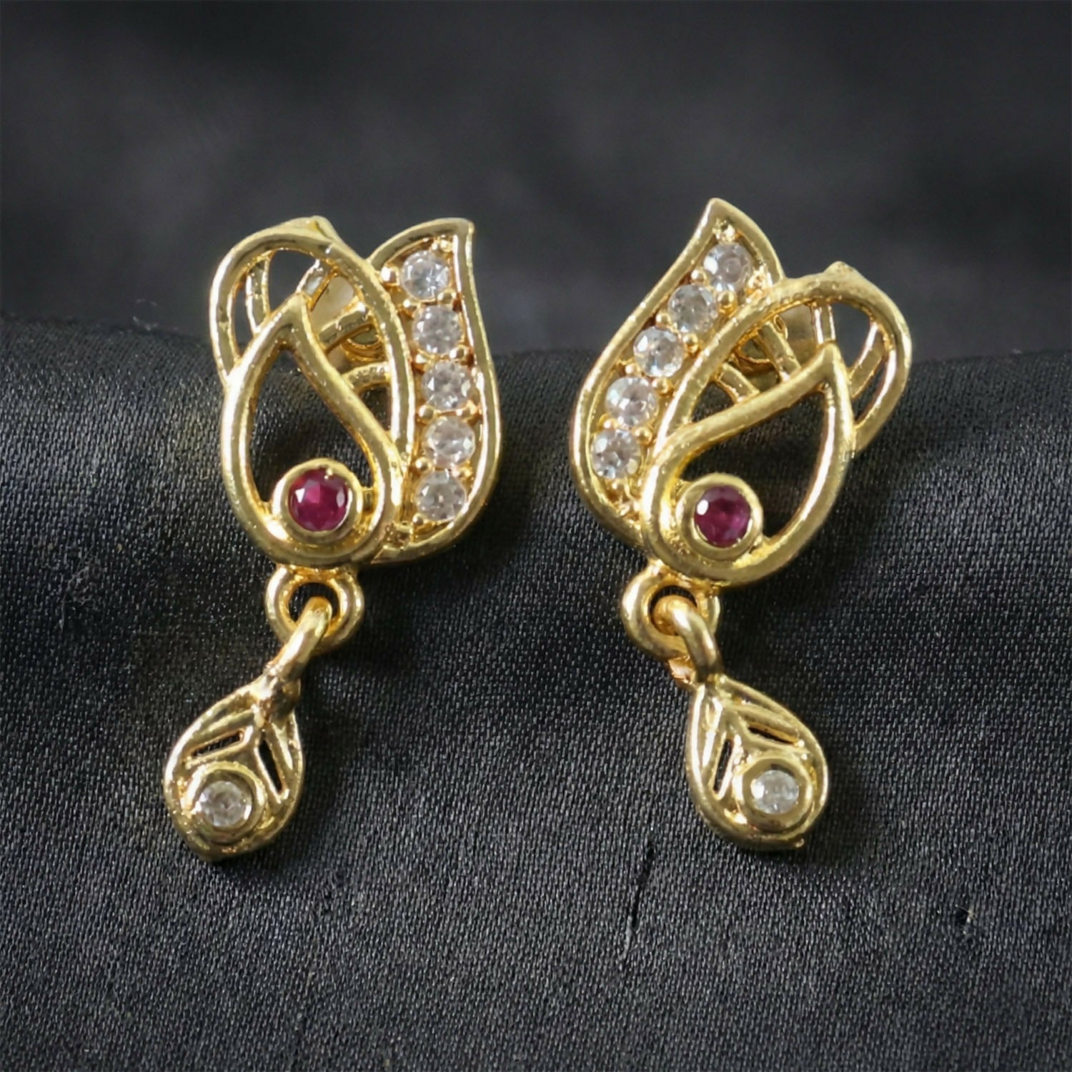 Elegant Gold Plated Stud Earrings with Ruby Accent & Drop Design