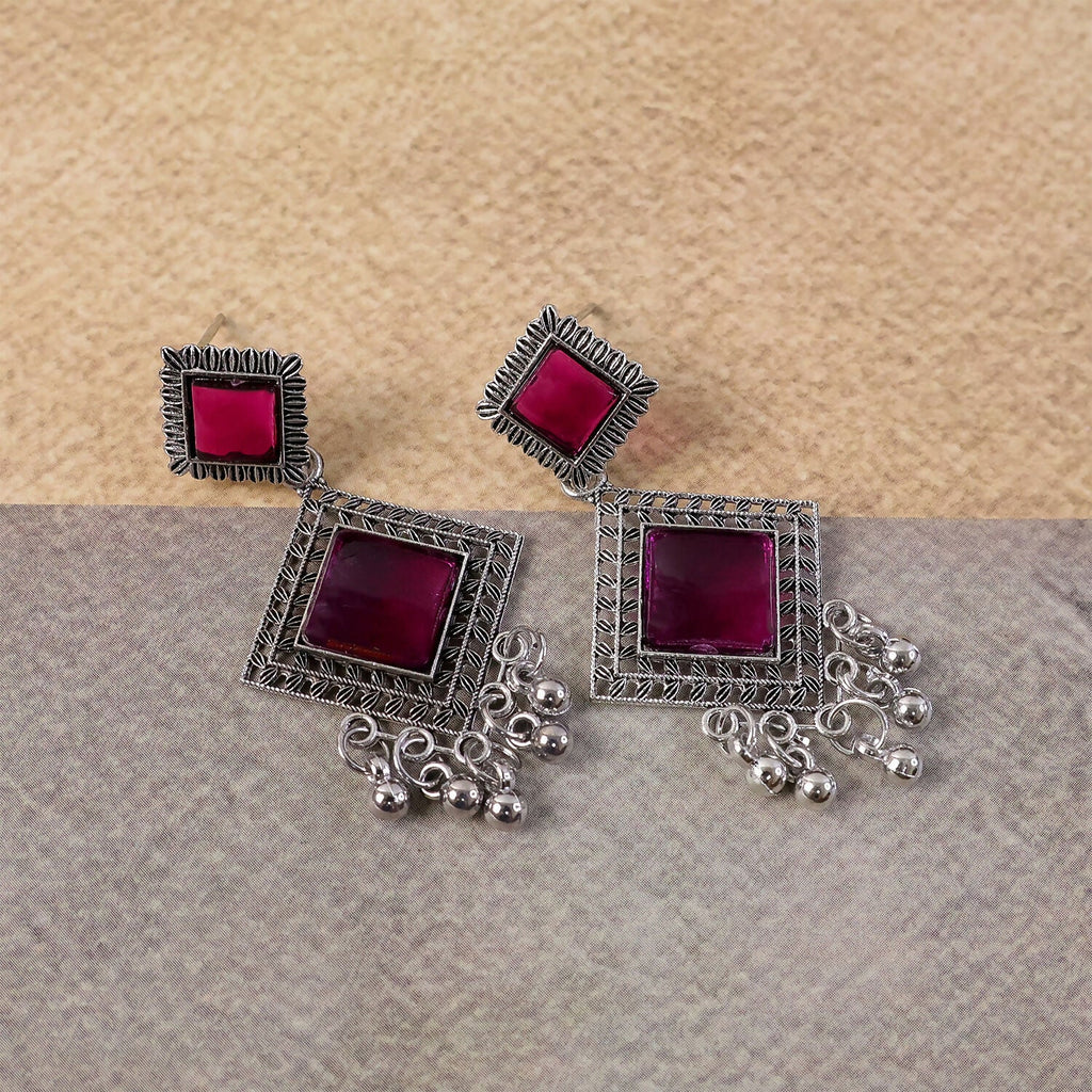 Traditional Indian Oxidised Dangler Earrings with Square Red Monalisa Stones