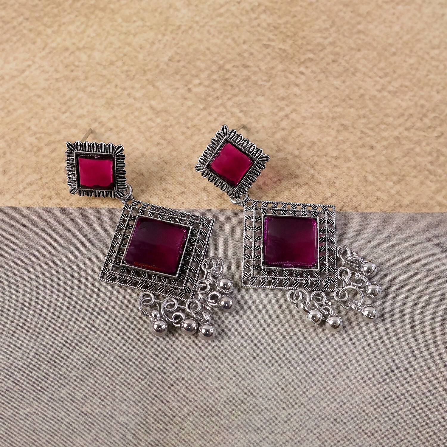 Traditional Indian Oxidised Dangler Earrings with Square Red Monalisa Stones