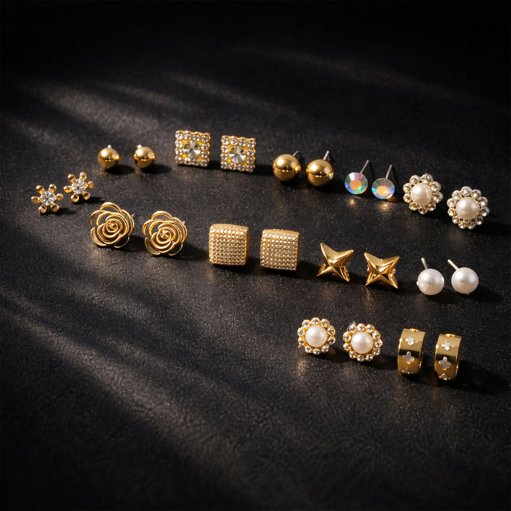 Gold Plated Multi Design Stud Earrings Set for Women & Girls – Fashion Combo Earrings Pack (12 Pairs)
